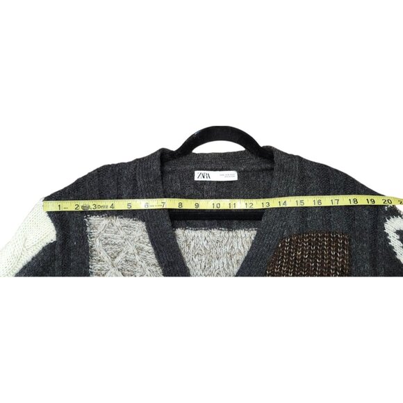 Zara Patchwork Cardigan Sweater Womens Size S Brown Ivory Oversized Chunky - Picture 12 of 14